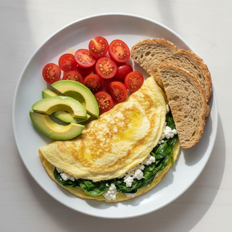 Egg White Spinach Omelette with Cottage Cheese and Fresh Tomatoes