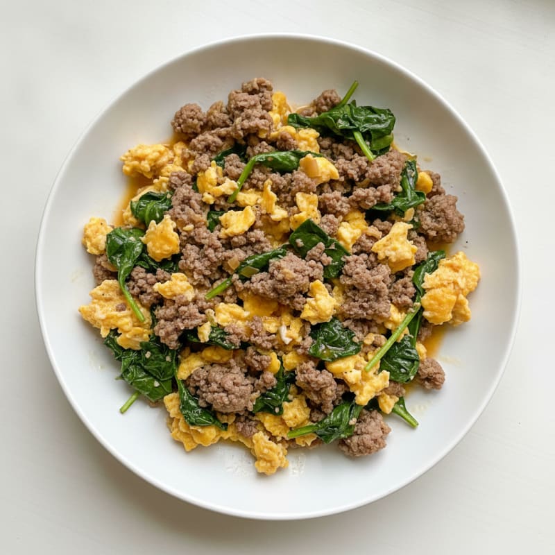 Beef and Scrambled Eggs with Sautéed Greens