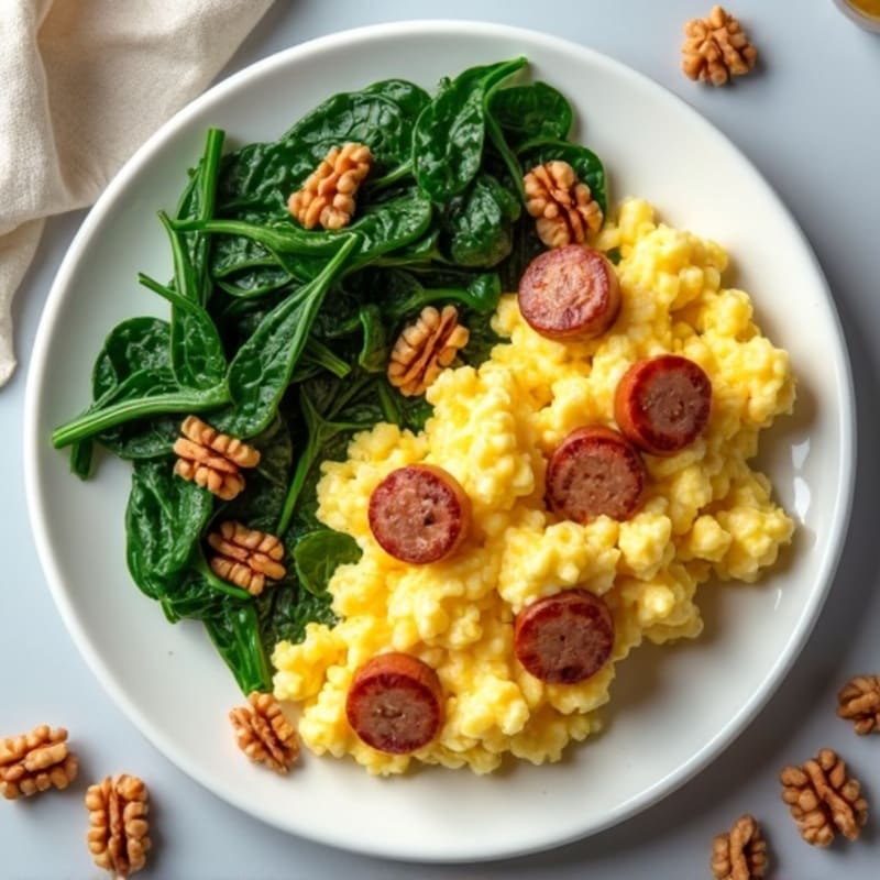 Scrambled Egg Whites with Turkey Sausage and Sautéed Spinach