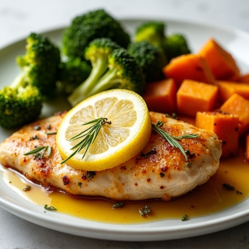 Crispy Lemon Herb Roasted Chicken with Roasted Sweet Potatoes and Broccoli