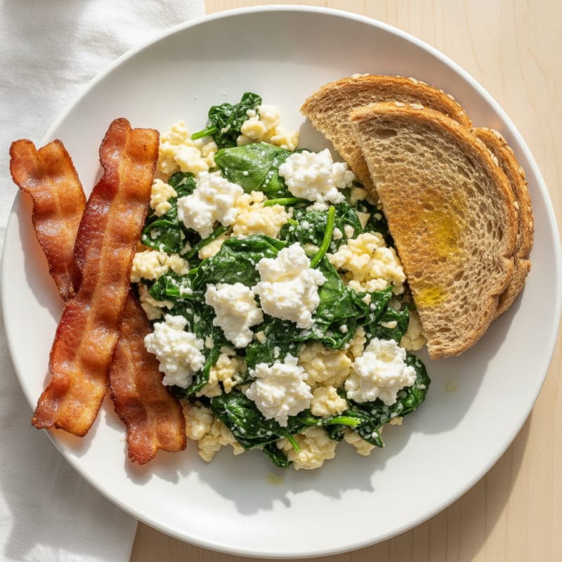 Egg White and Spinach Scramble with Cottage Cheese and Turkey Bacon