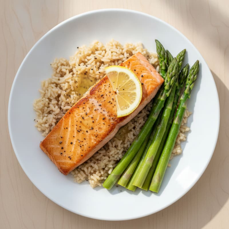 Seared Salmon with Steamed Asparagus and Brown Rice