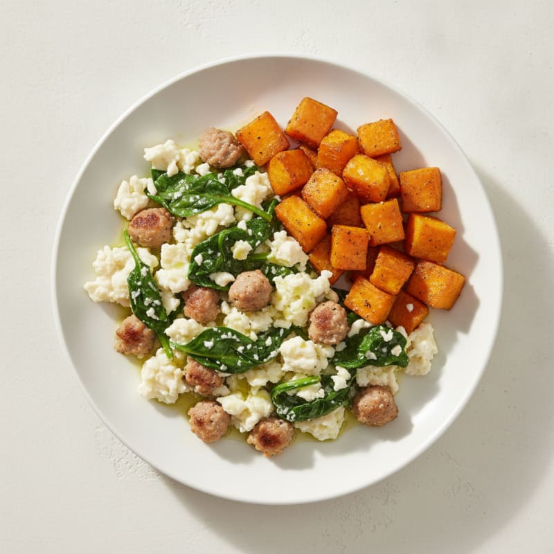 Egg White and Turkey Sausage Scramble with Spinach and Roasted Sweet Potato
