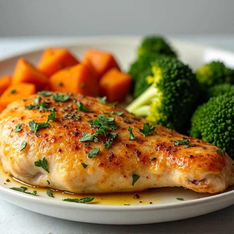 Crispy Lemon-Herb Roasted Chicken with Roasted Broccoli and Sweet Potatoes