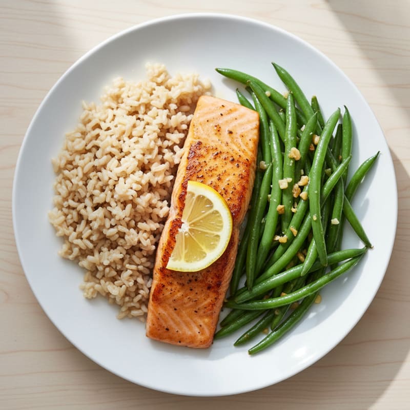 Seared Salmon Fillet with Garlic Green Beans and Steamed Brown Rice