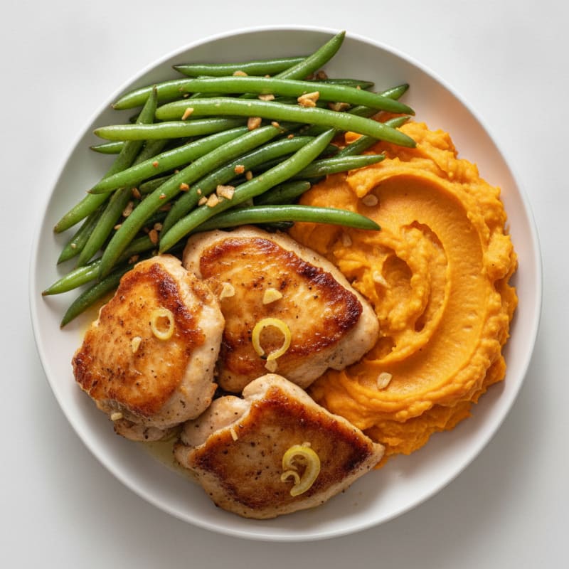 Seared Chicken Thighs with Garlic Green Beans and Sweet Potato Mash