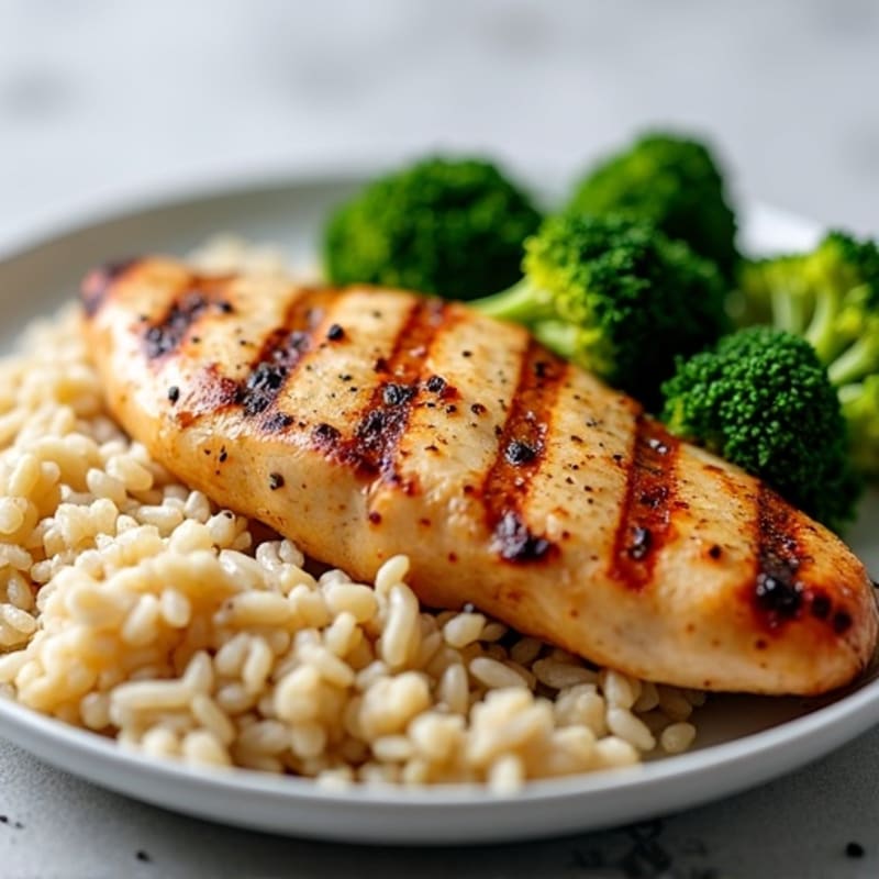 Grilled Chicken Breast with Steamed Broccoli and Brown Rice