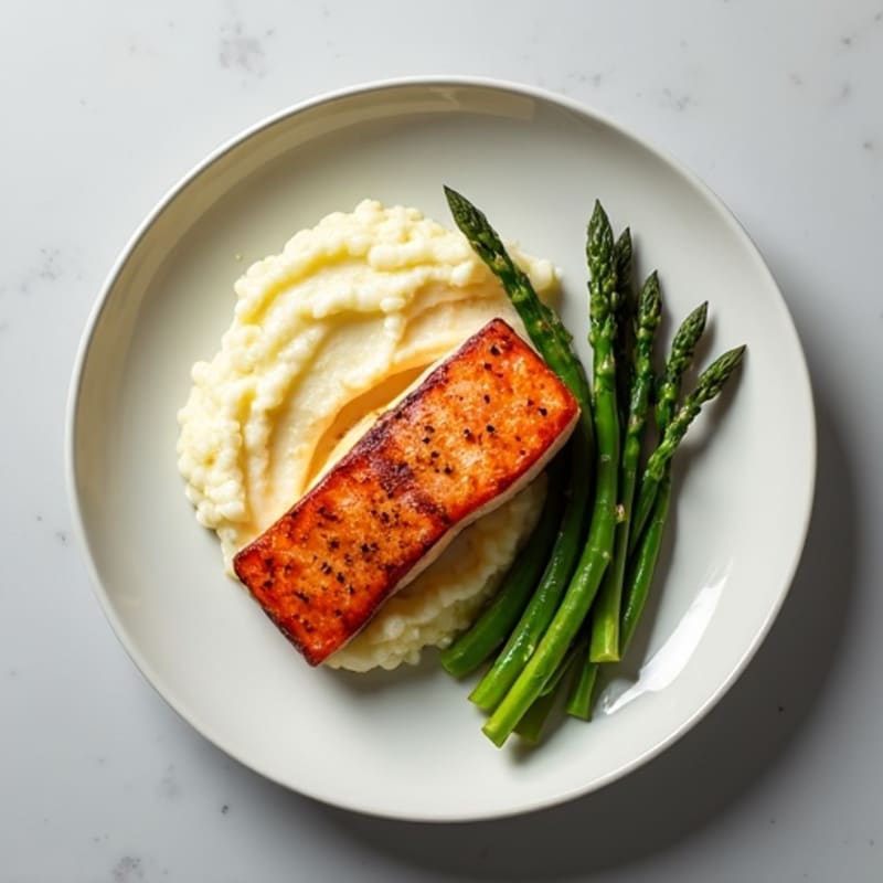 Seared Salmon with Steamed Asparagus and Cauliflower Mash