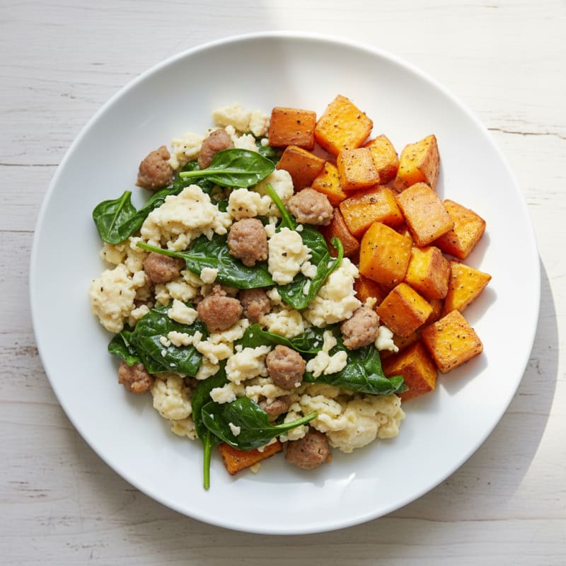 Egg White and Turkey Sausage Scramble with Spinach and Roasted Sweet Potatoes