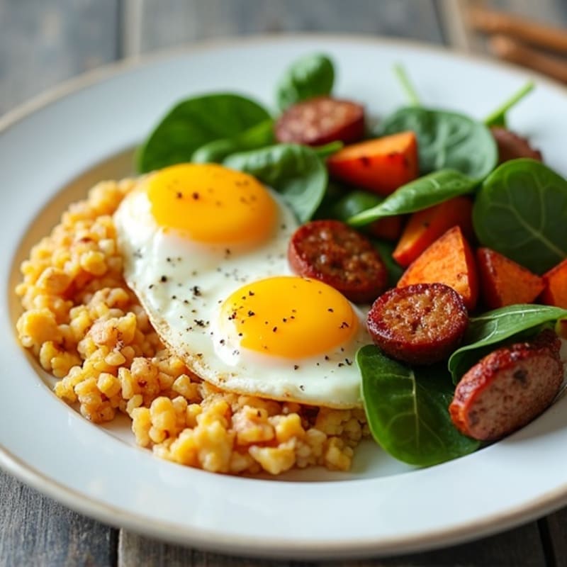 Egg White and Turkey Sausage Scramble with Roasted Sweet Potatoes