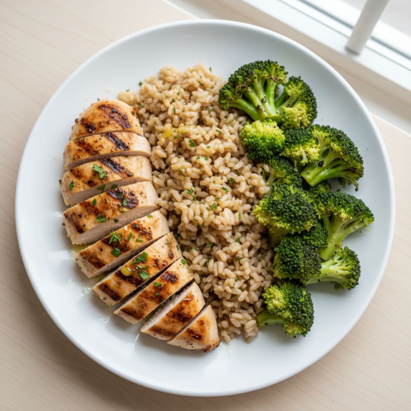 Grilled Chicken Breast with Brown Rice and Steamed Broccoli