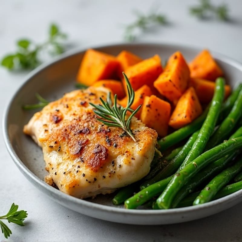 Crispy Herb-Roasted Chicken with Roasted Sweet Potatoes and Green Beans