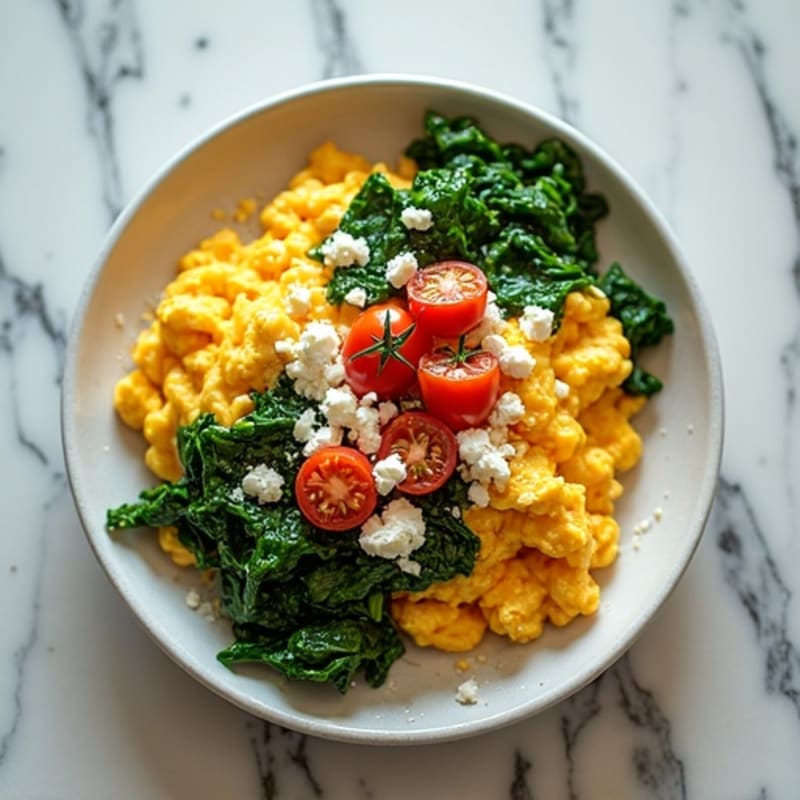 Creamy Scrambled Eggs with Sautéed Spinach and Cherry Tomatoes