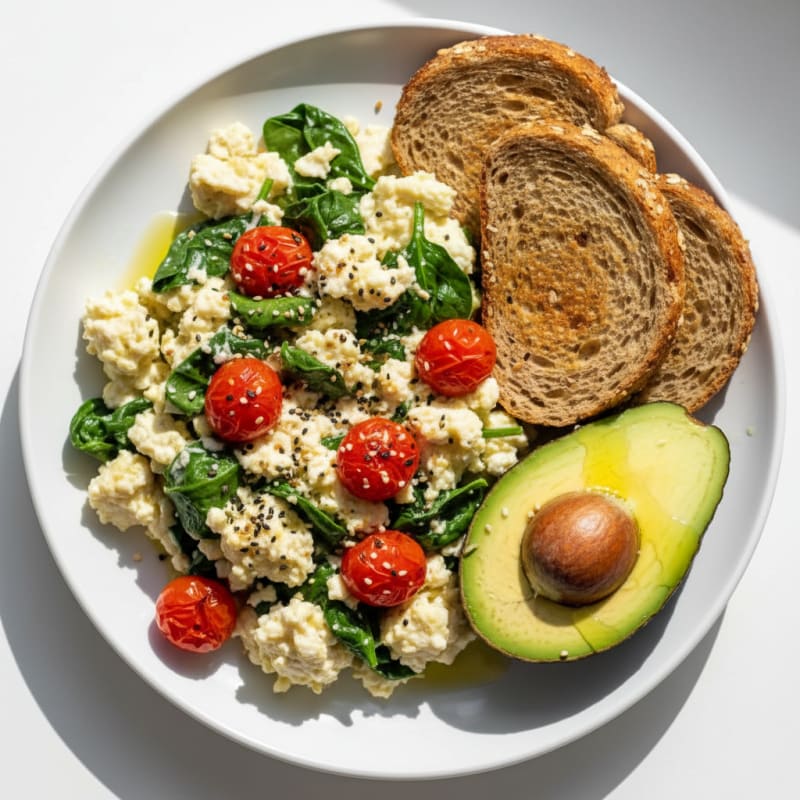 Egg White and Cottage Cheese Scramble with Spinach and Cherry Tomatoes