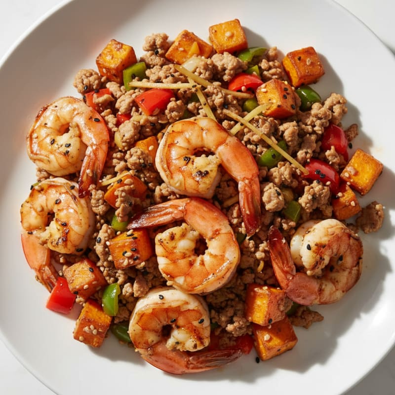 Grilled Shrimp and Ground Turkey Stir-Fry with Sweet Potatoes