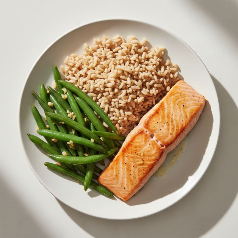 Seared Salmon with Garlic Green Beans and Brown Rice