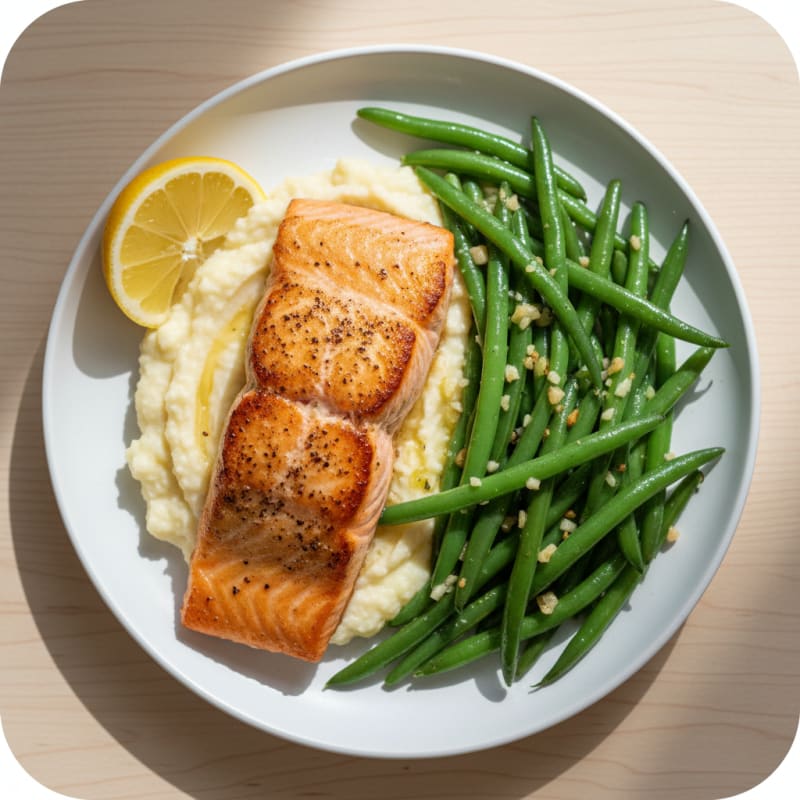 Seared Salmon Fillet with Garlic Green Beans and Cauliflower Mash