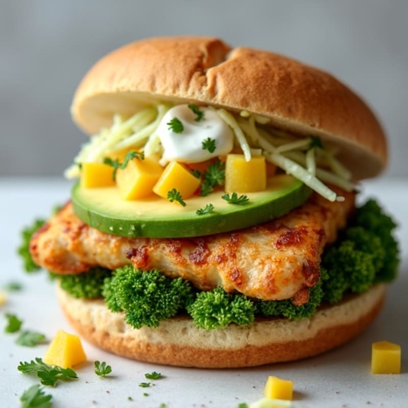 Grilled Chicken Sandwich with Broccoli Slaw and Avocado-Mango Salsa