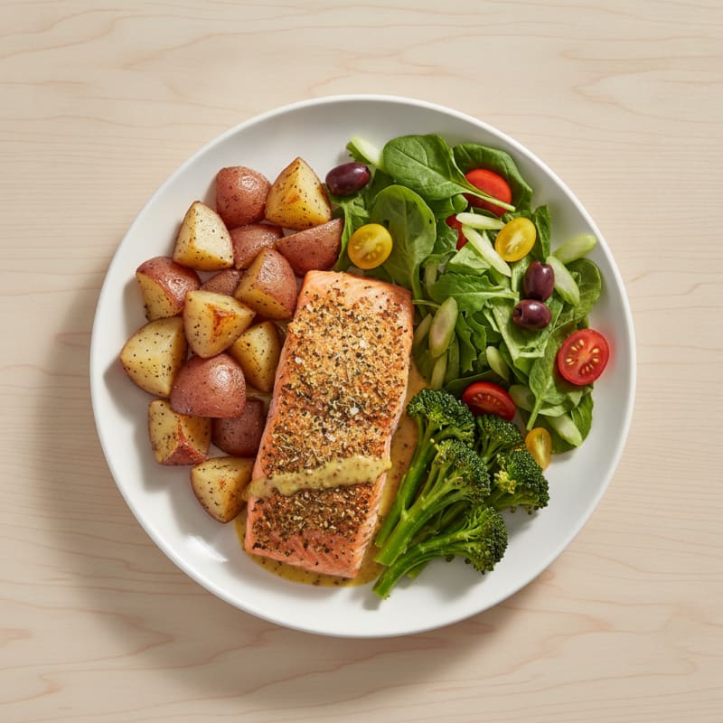 Herb-Crusted Salmon with Roasted Potatoes and Broccoli