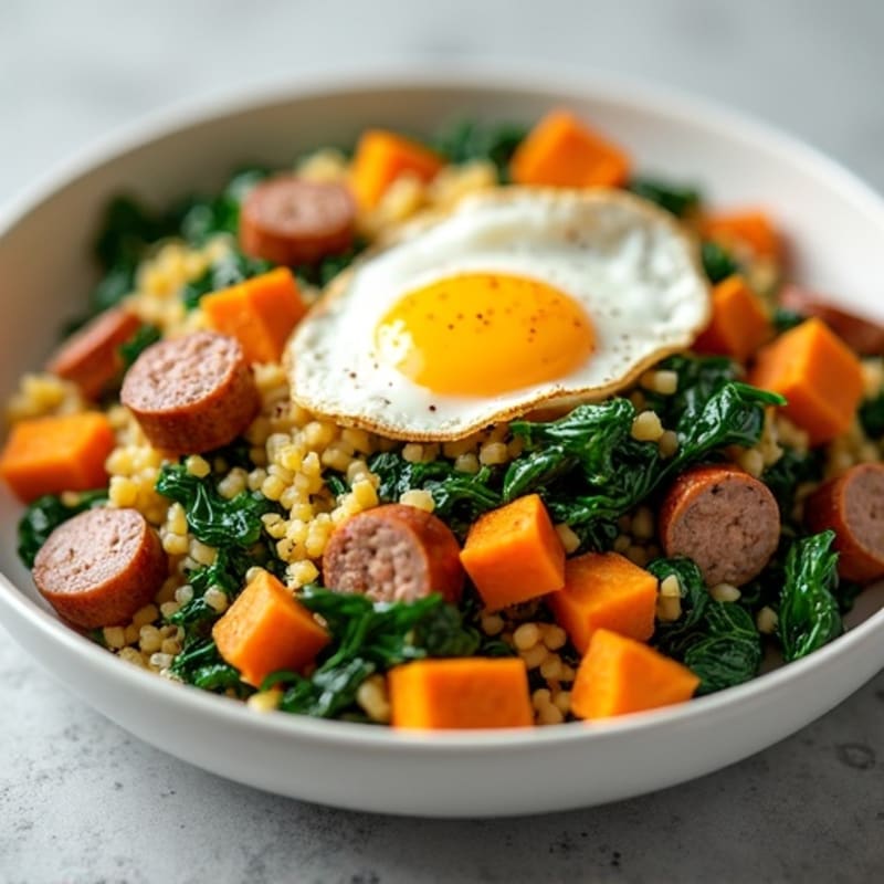 Egg White and Turkey Sausage Scramble with Sautéed Spinach and Sweet Potato