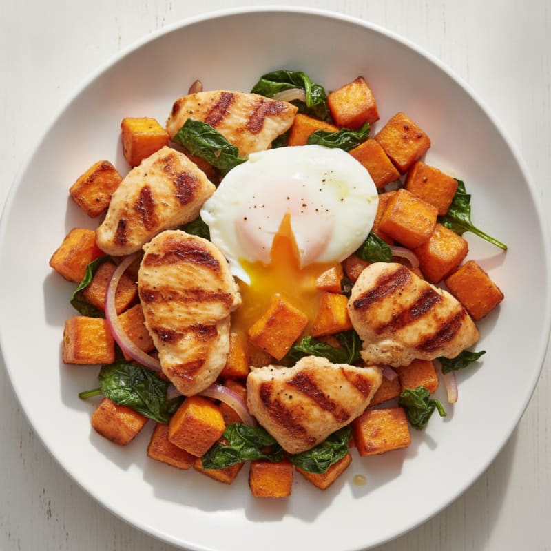 Grilled Chicken and Sweet Potato Hash with Spinach