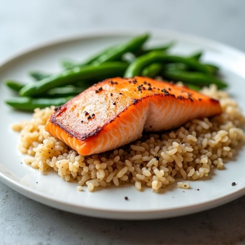 Seared Salmon with Steamed Green Beans and Brown Rice