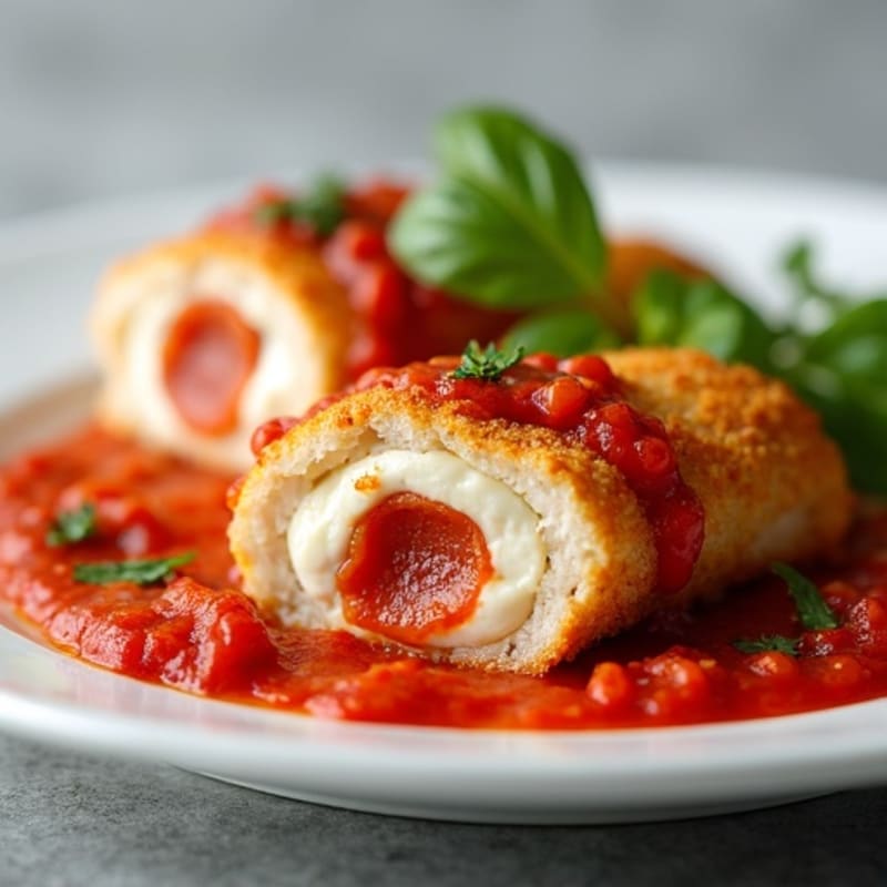 Crispy Mozzarella-Stuffed Chicken with Turkey Pepperoni and Rich Marinara