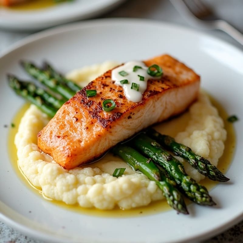 Seared Salmon Fillet with Roasted Asparagus and Cauliflower Mash