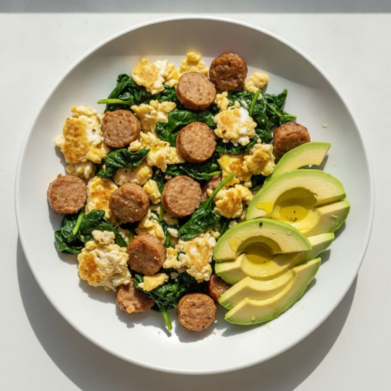 Scrambled Egg Whites with Turkey Sausage and Sautéed Spinach