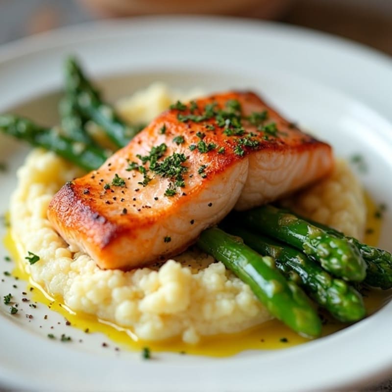 Seared Salmon with Steamed Asparagus and Cauliflower Mash
