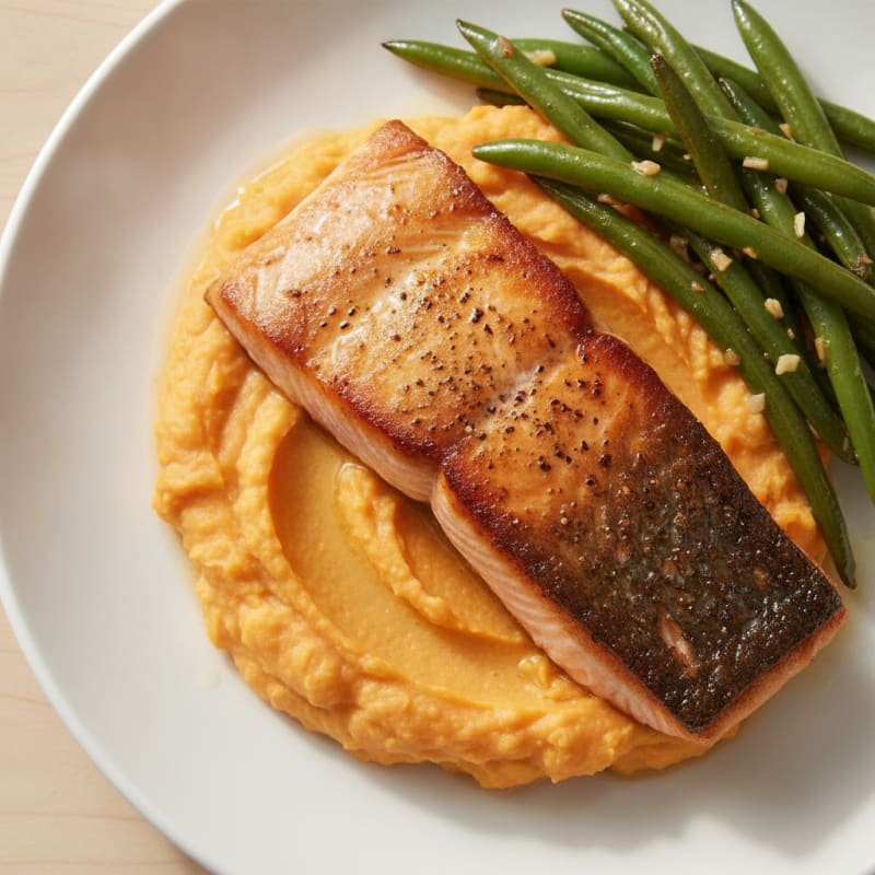 Seared Salmon with Garlic Green Beans and Sweet Potato Mash