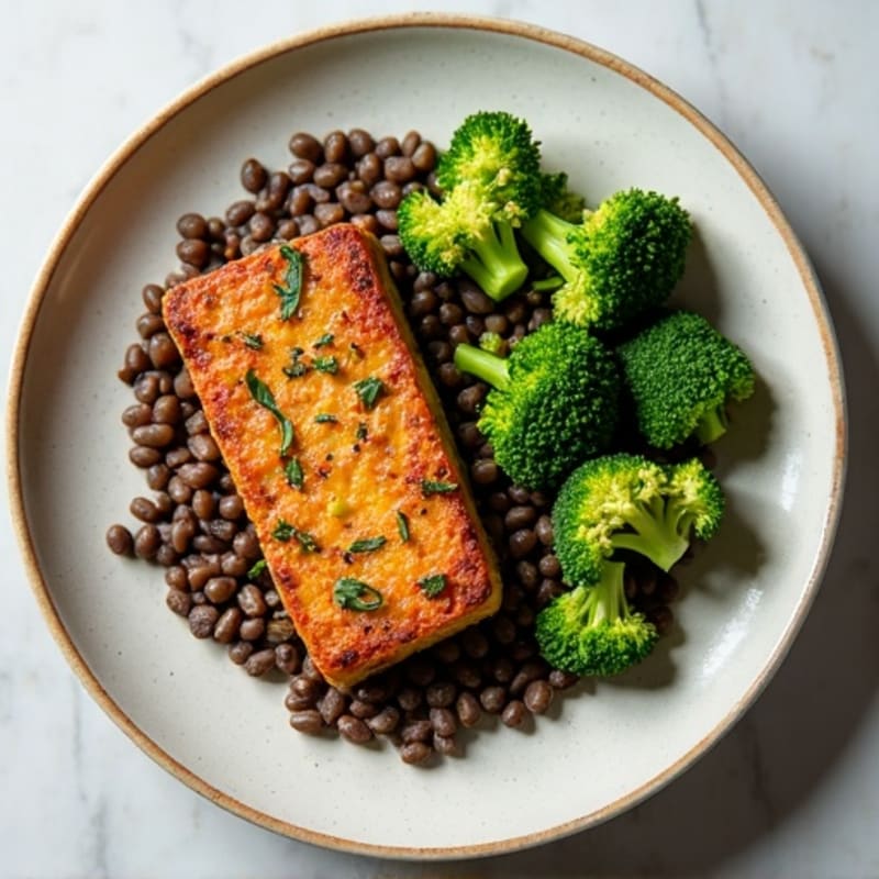 Herb-Roasted Tempeh with Steamed Broccoli and Lentils