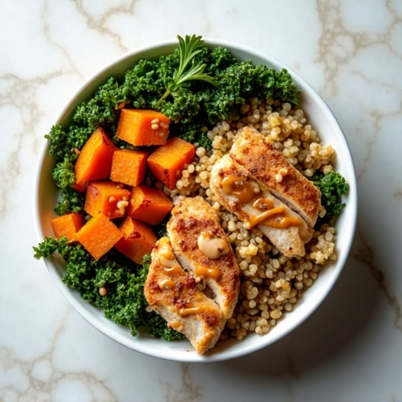 Crispy Roasted Sweet Potato and Chicken Power Bowl with Maple-Tahini Drizzle