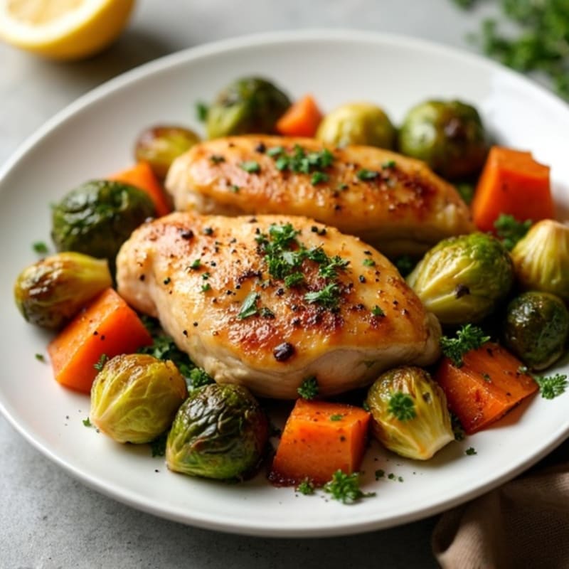 Sheet Pan Lemon-Herb Roasted Chicken with Crispy Brussels Sprouts and Sweet Potatoes
