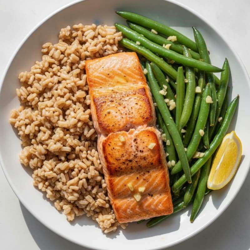 Seared Salmon with Garlic Green Beans and Brown Rice
