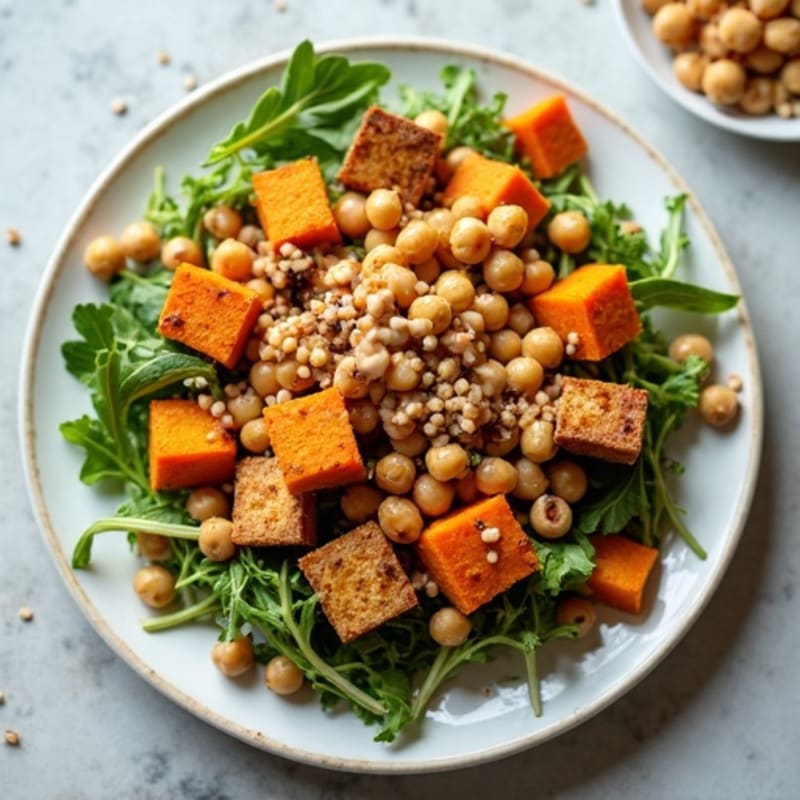 Crispy Tofu and Chickpea Salad with Roasted Sweet Potato and Tahini Dressing