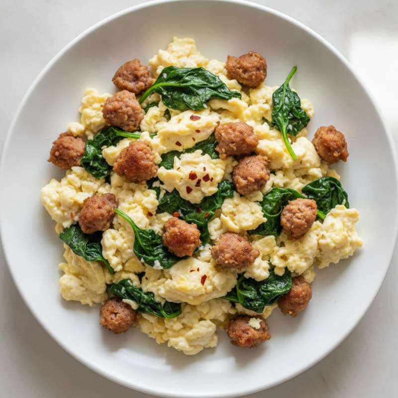 Scrambled Egg Whites with Turkey Sausage and Sautéed Spinach