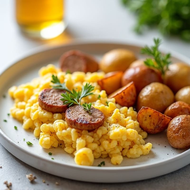Egg White and Chicken Sausage Scramble with Roasted Potatoes