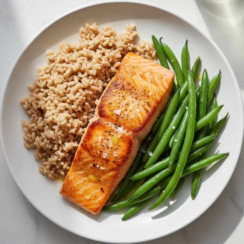 Seared Salmon with Steamed Green Beans and Brown Rice