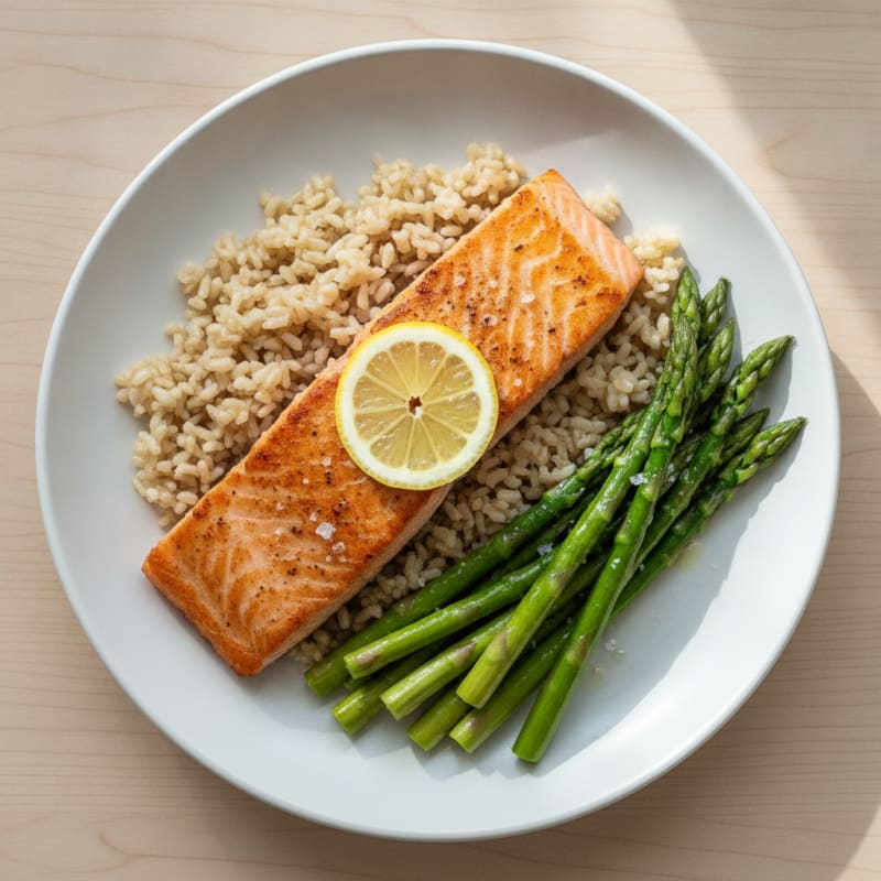 Seared Salmon with Steamed Asparagus and Brown Rice