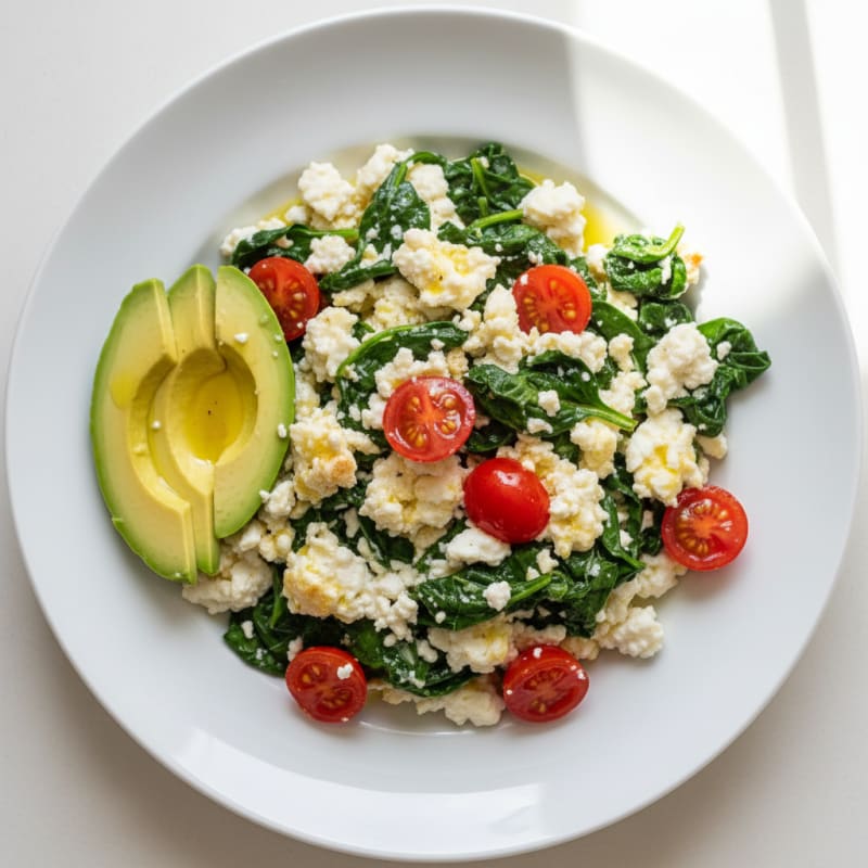 Cottage Cheese Egg White Scramble with Spinach and Tomatoes