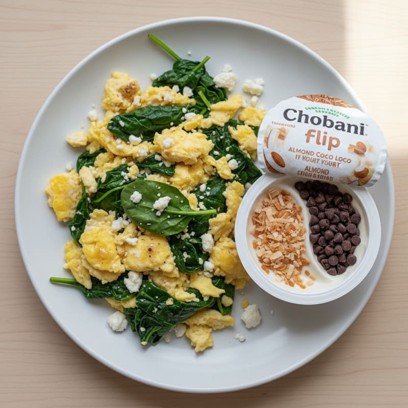 Scrambled Eggs with Spinach and Chobani Flip Cup