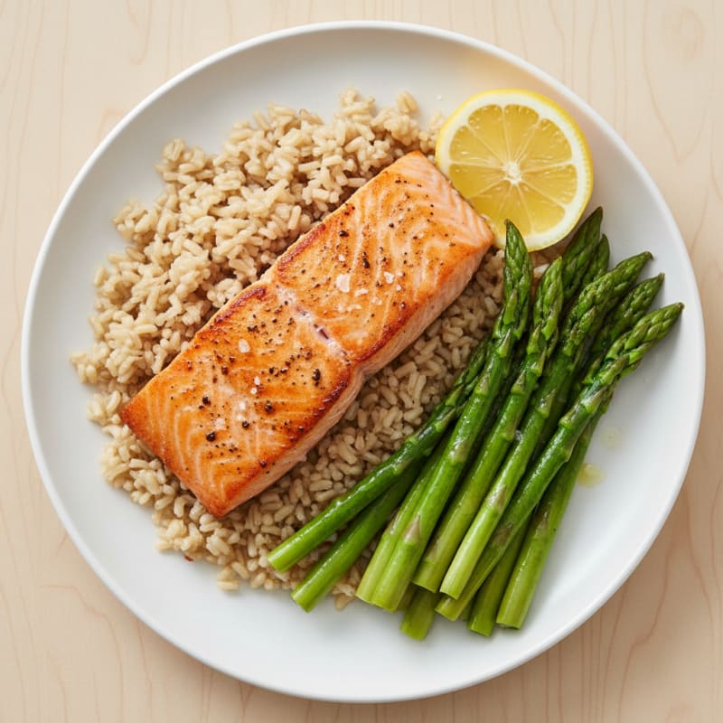 Seared Salmon Fillet with Steamed Asparagus and Brown Rice