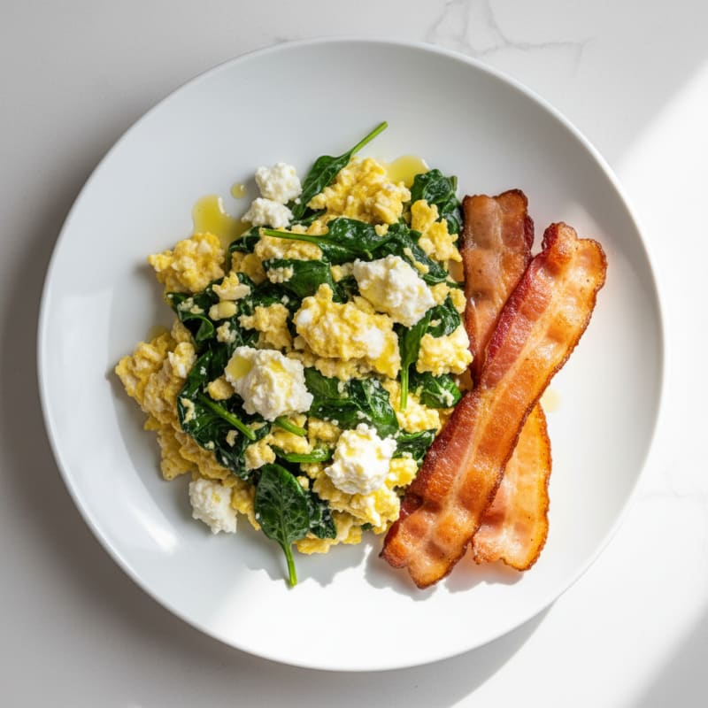 Cottage Cheese Egg Scramble with Spinach and Turkey Bacon
