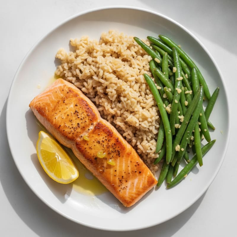Seared Salmon Fillet with Garlic Green Beans and Brown Rice