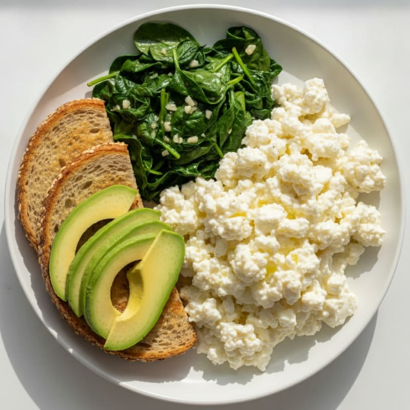 Egg White and Cottage Cheese Scramble with Sautéed Spinach