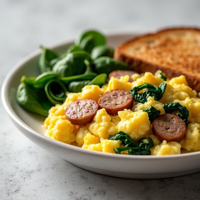 Egg White and Turkey Sausage Scramble with Sautéed Spinach