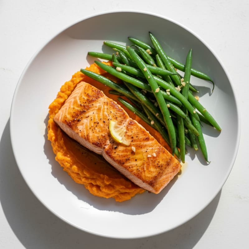 Seared Salmon Fillet with Garlic Green Beans and Sweet Potato Mash