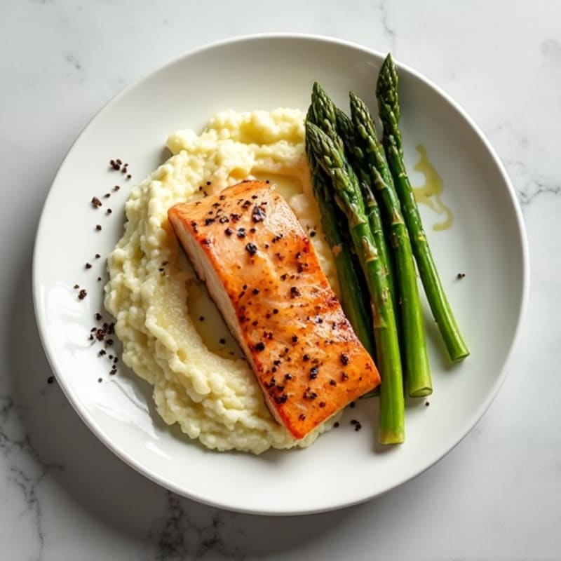 Seared Salmon with Steamed Asparagus and Cauliflower Mash
