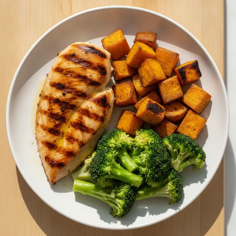 Grilled Chicken Breast with Roasted Sweet Potato and Steamed Broccoli